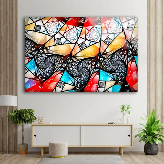 Abstract glass wall art creates a sense of dynamic movement with its spiraling geometric patterns and vibrant color transitions, making it a unique modern wall decor.