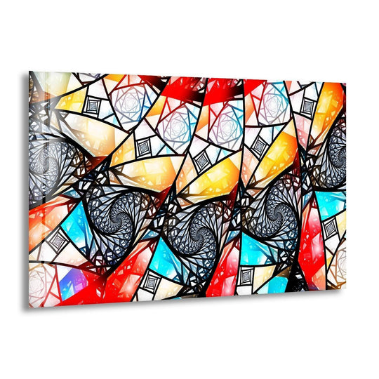 The edge of this vibrant asymmetric mosaic glass wall artwork features a smooth finish with a subtle shadow effect.