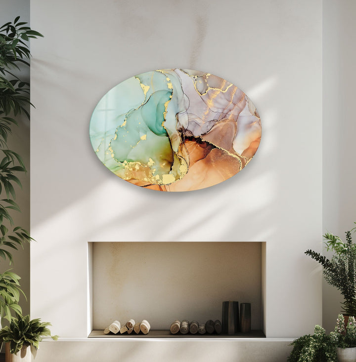 Asymmetric Oval Abstract Golden Marble Glass Wall Art stained glass wall art, stained glass wall decor
