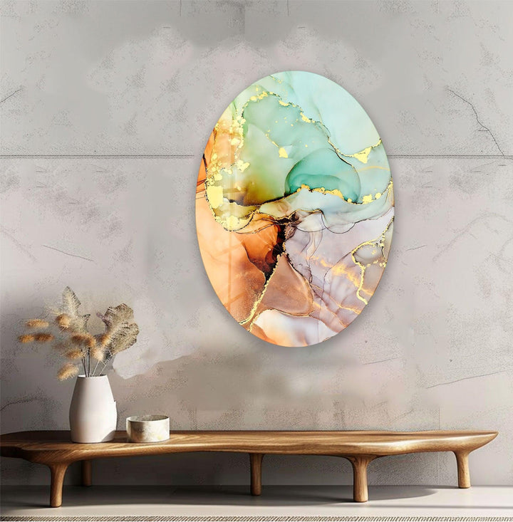 Asymmetric Oval Abstract Golden Marble Glass Wall Art glass art painting, glass art for the Wall
