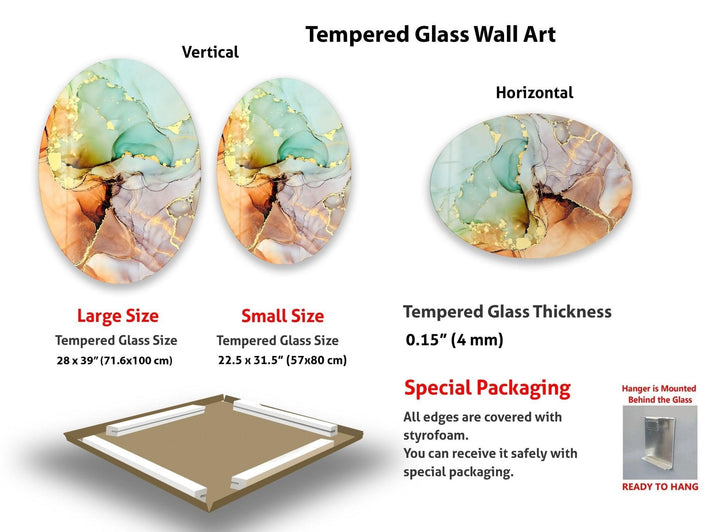 Asymmetrische ovale abstrakte Wandkunst aus goldenem Marmorglas