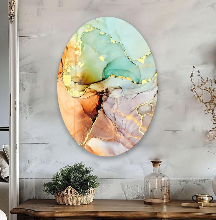 Asymmetric Oval Abstract Golden Marble Glass Wall Art Glass Printing Wall Art, Print photos on glass
