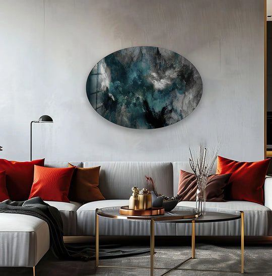Abstract smokey glass art glows with deep shadows and bright light, creating a dramatic oval composition.