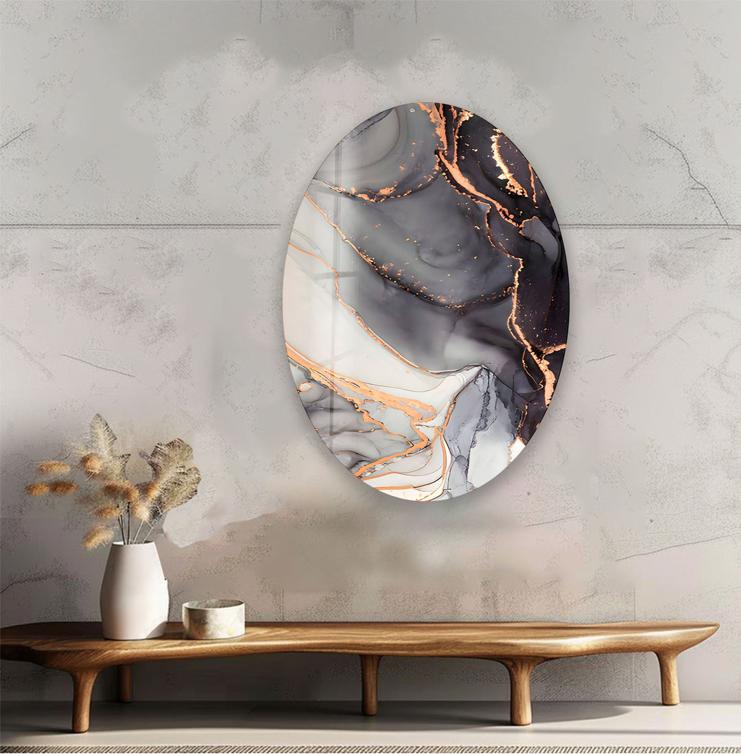 Asymmetric Oval Black Alcohol Ink Glass Wall Art Glass Printing Wall Art, Print photos on glass
