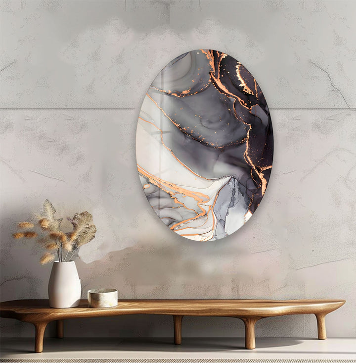 Asymmetric Oval Black Alcohol Ink Glass Wall Art Glass Printing Wall Art, Print photos on glass
