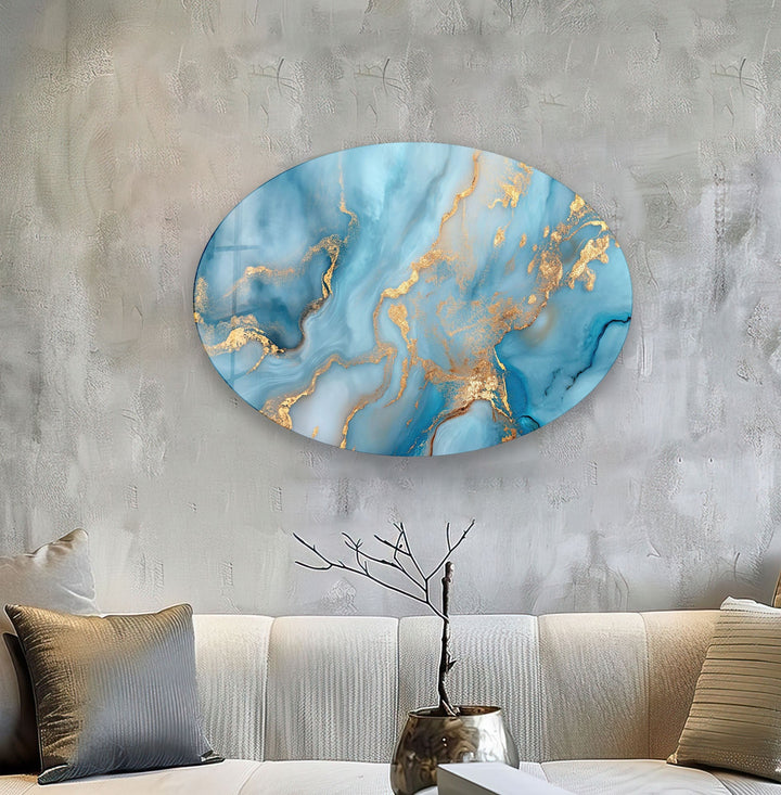 Asymmetric Oval Blue Golden Glass Wall Art Glass Printing Wall Art, Print photos on glass
