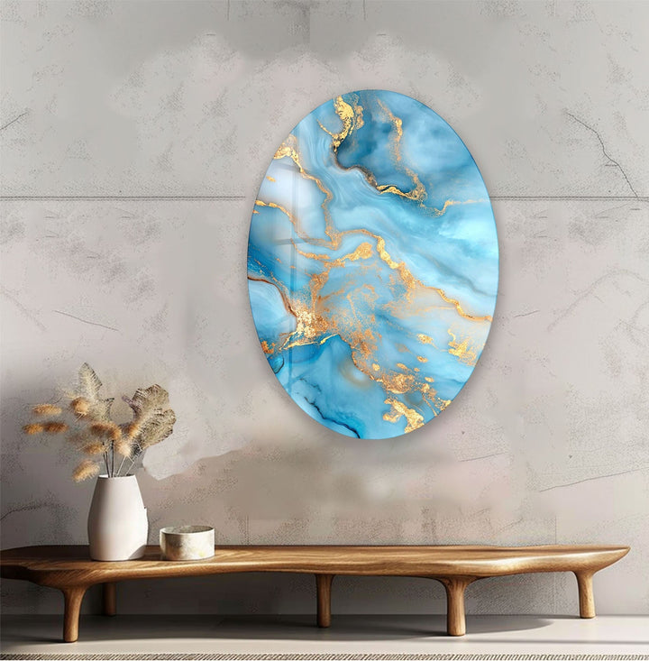 Asymmetric Oval Blue Golden Glass Wall Art custom glass pictures, glass art prints
