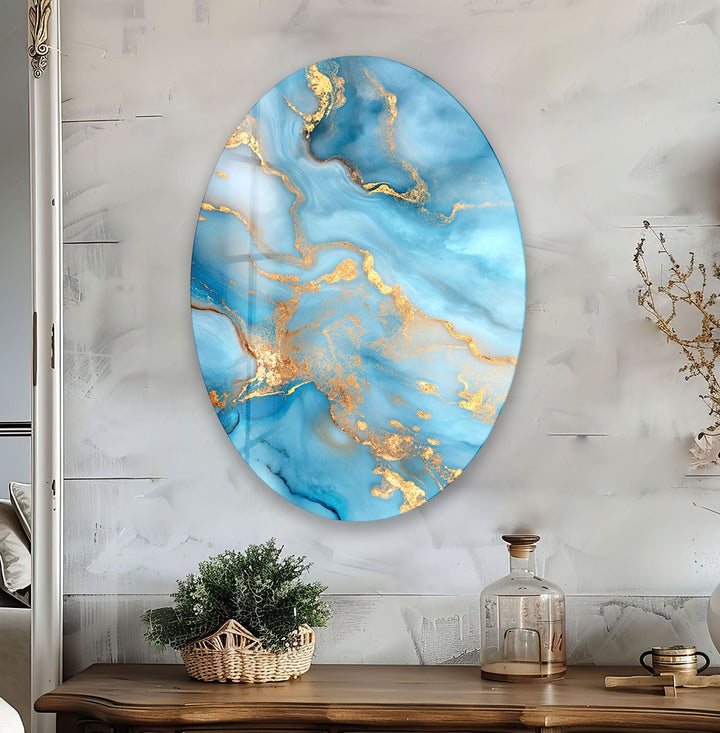 Asymmetric Oval Blue Golden Glass Wall Art glass photo prints, glass picture prints

