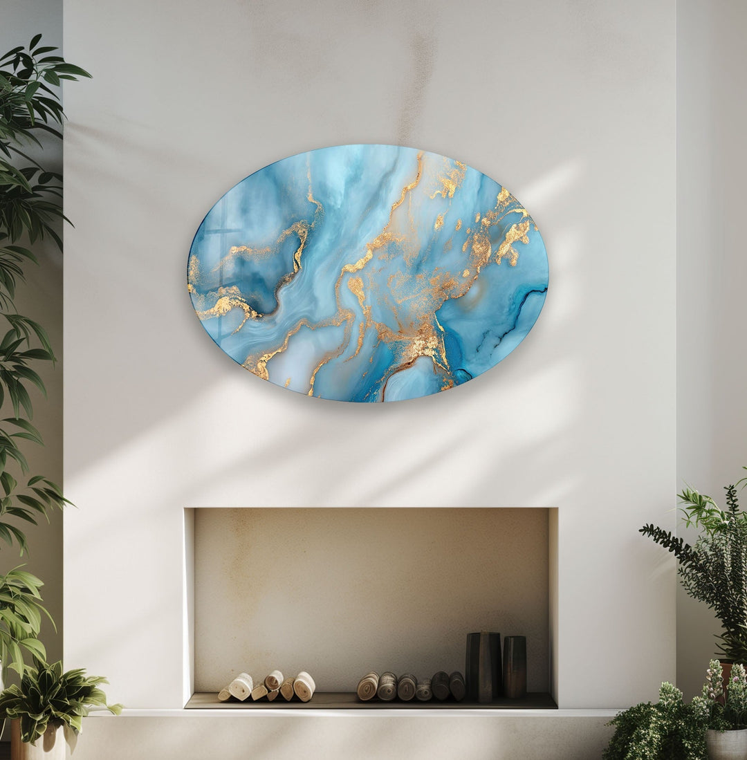 Asymmetric Oval Blue Golden Glass Wall Art glass pictures for Wall, glass prints wall art
