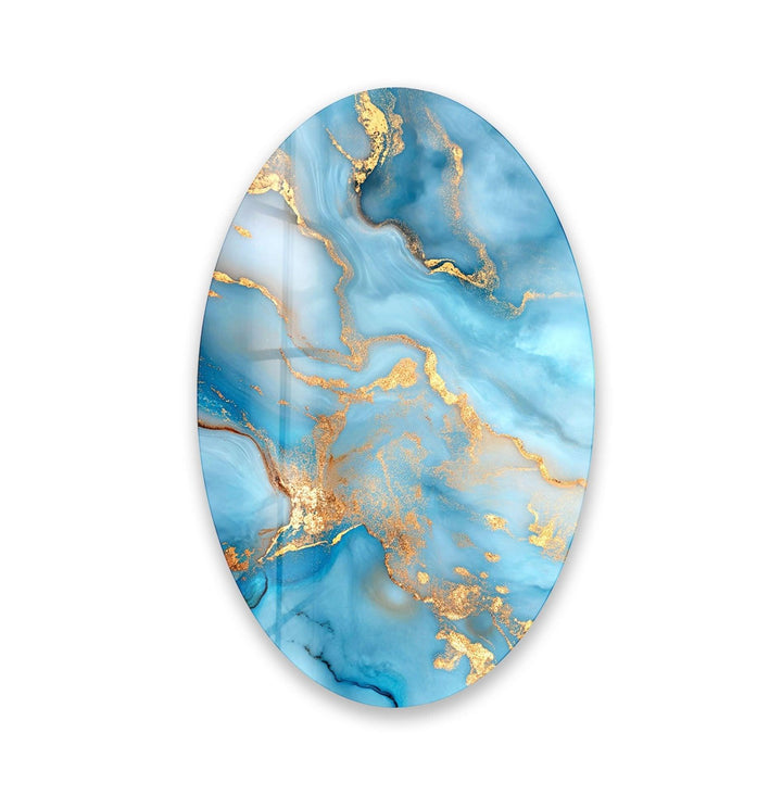 Asymmetric Oval Blue Golden Glass Wall Art glass image printing, glass prints from photos
