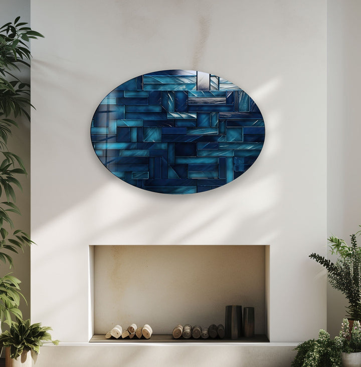 Asymmetric Oval Blue Lines Glass Wall Art custom glass pictures, glass art prints
