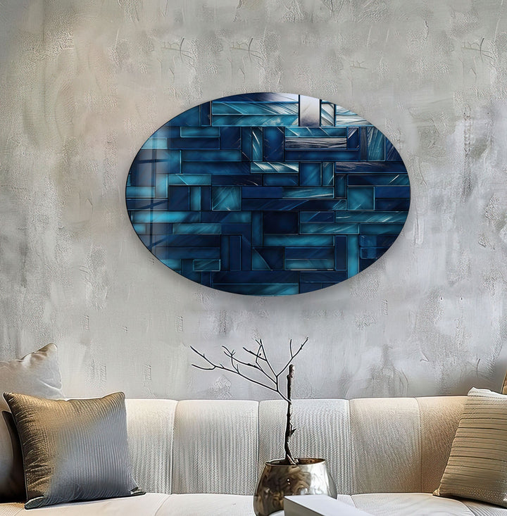 Asymmetric Oval Blue Lines Glass Wall Art large glass photo prints, glass wall photos
