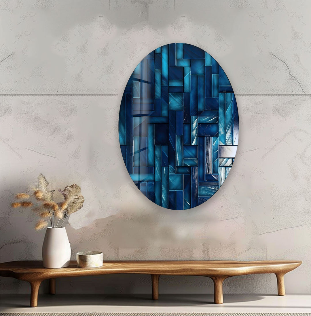 Asymmetric Oval Blue Lines Glass Wall Art photo print on glass, prints on glass wall art
