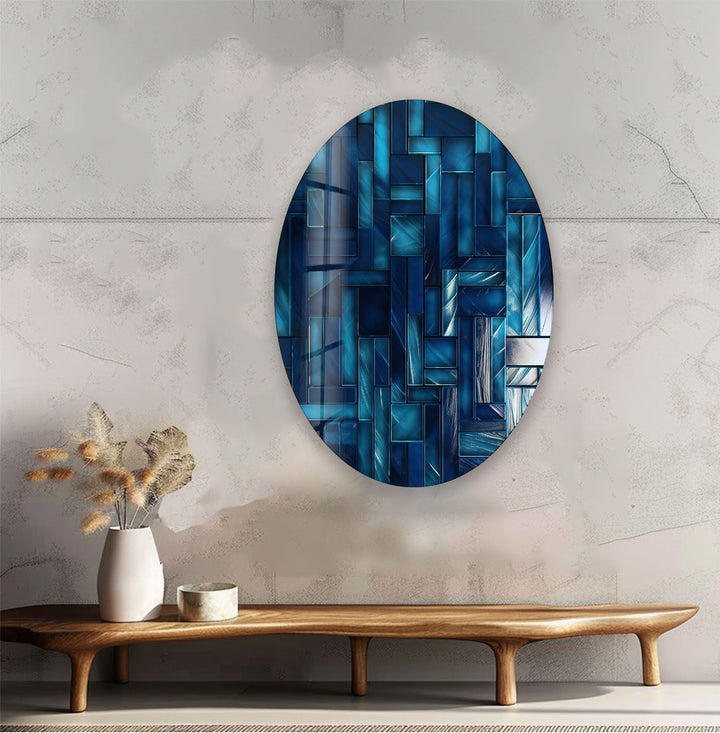 Asymmetric Oval Blue Lines Glass Wall Art photo print on glass, prints on glass wall art
