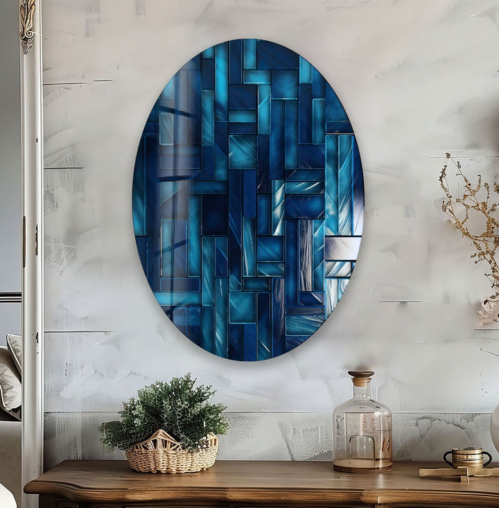 Asymmetric Oval Blue Lines Glass Wall Art glass image printing, glass prints from photos
 