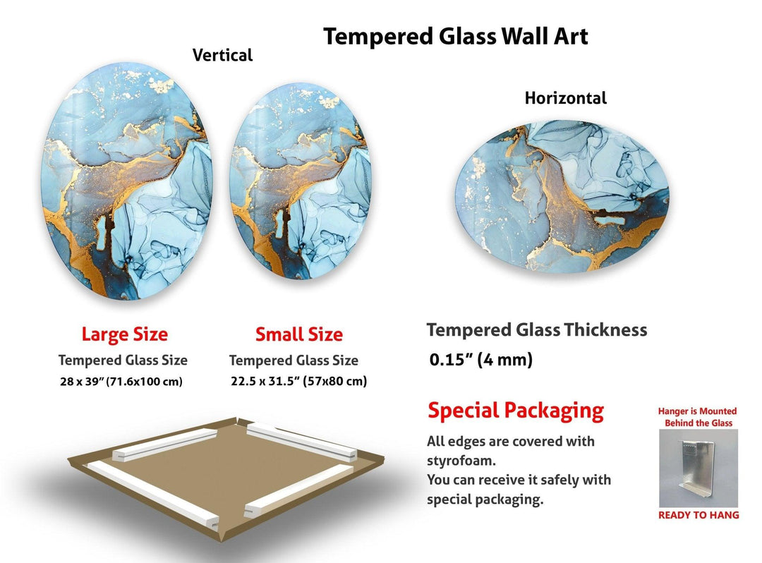 Asymmetrische ovale abstrakte Glaswandkunst aus blauem Marmor