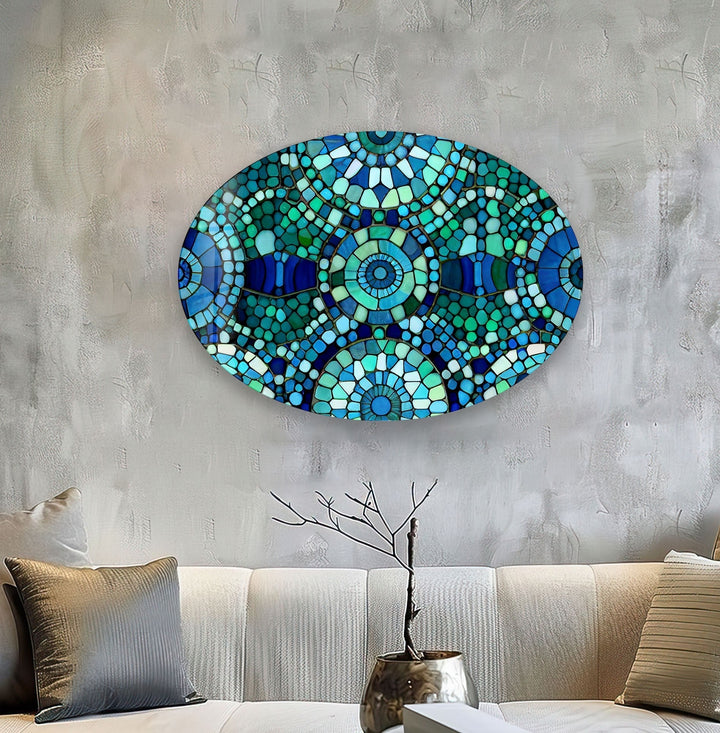 Asymmetric Oval Blue Mosaic Design Glass Wall Art custom glass photo prints, large glass prints
