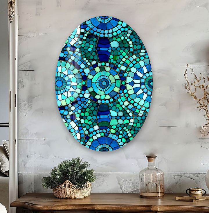 Asymmetric Oval Blue Mosaic Design Glass Wall Art picture on glass wall art, photos printed on glass
