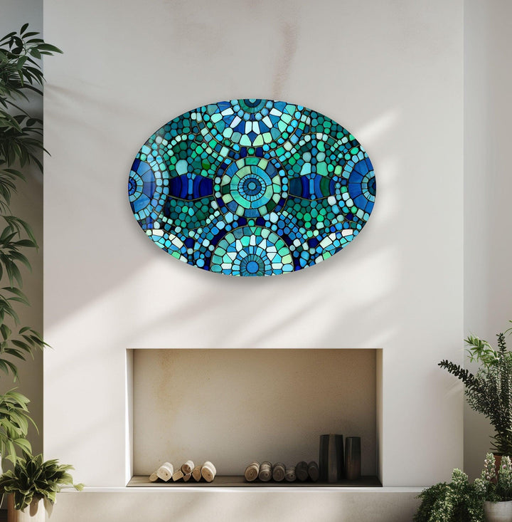Asymmetric Oval Blue Mosaic Design Glass Wall Art print picture on glass, Tempered Glass Wall Art
