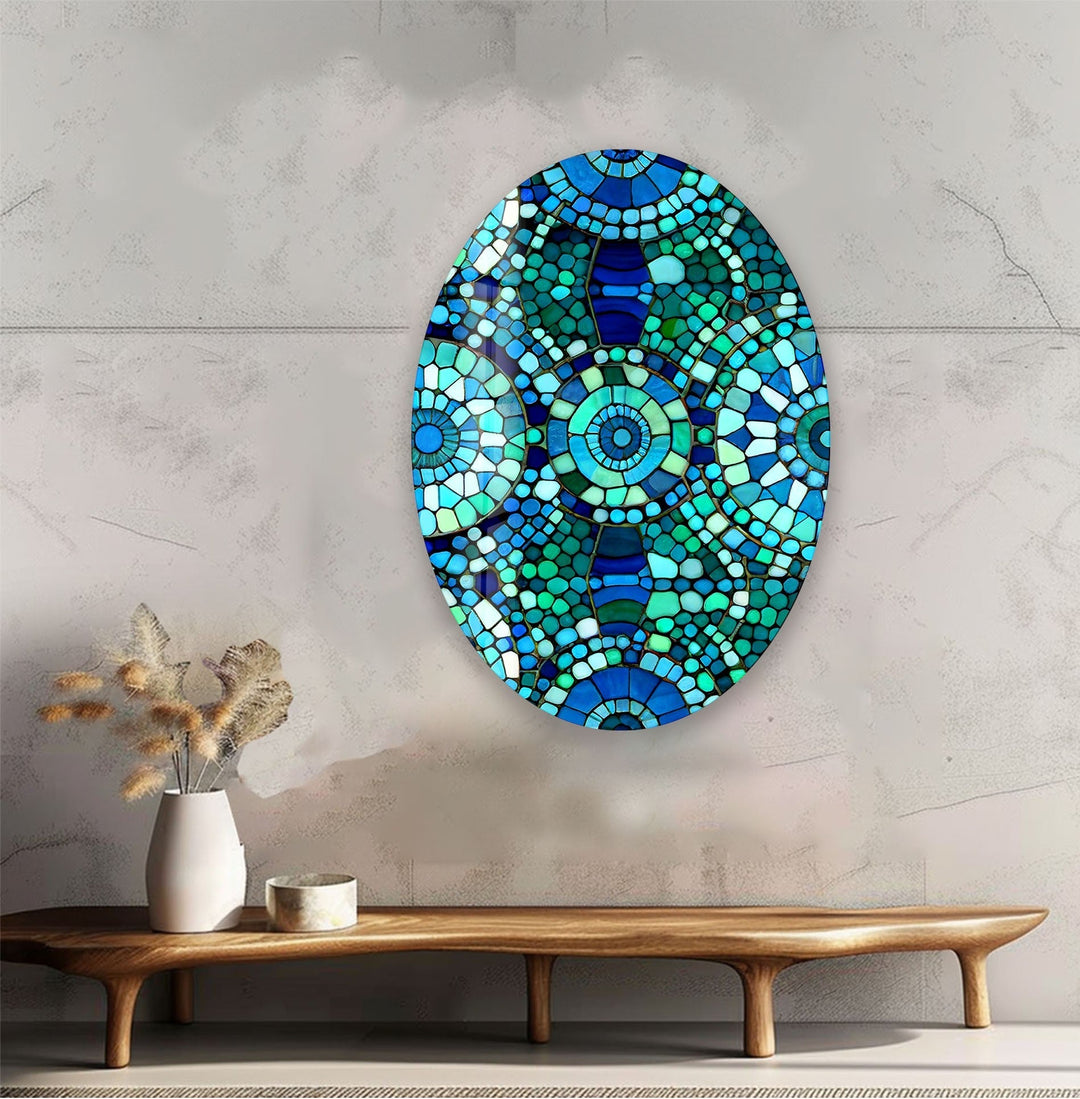 Asymmetric Oval Blue Mosaic Design Glass Wall Art glass wall decor, glass wall art decor

