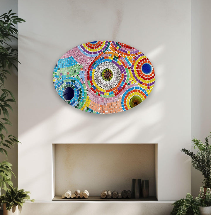 Asymmetric Oval Colored Mosaic Glass Wall Art Glass Printing Wall Art, Print photos on glass
