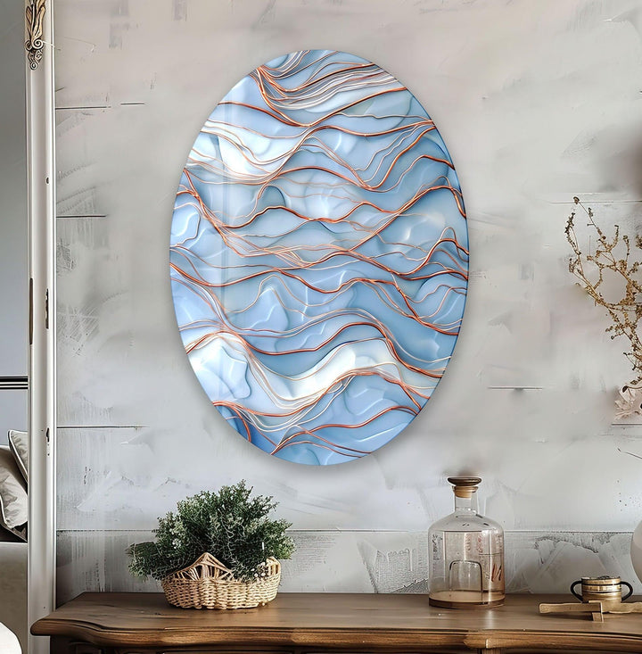 Asymmetric Oval Golden & Blue Glass Wall Art picture on glass wall art, photos printed on glass
