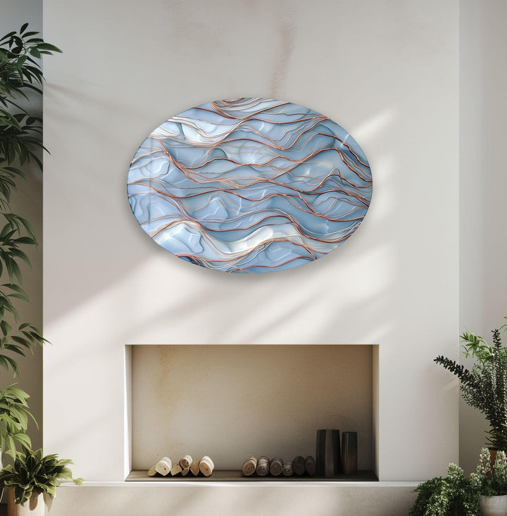 Asymmetric Oval Golden & Blue Glass Wall Art print picture on glass, Tempered Glass Wall Art
