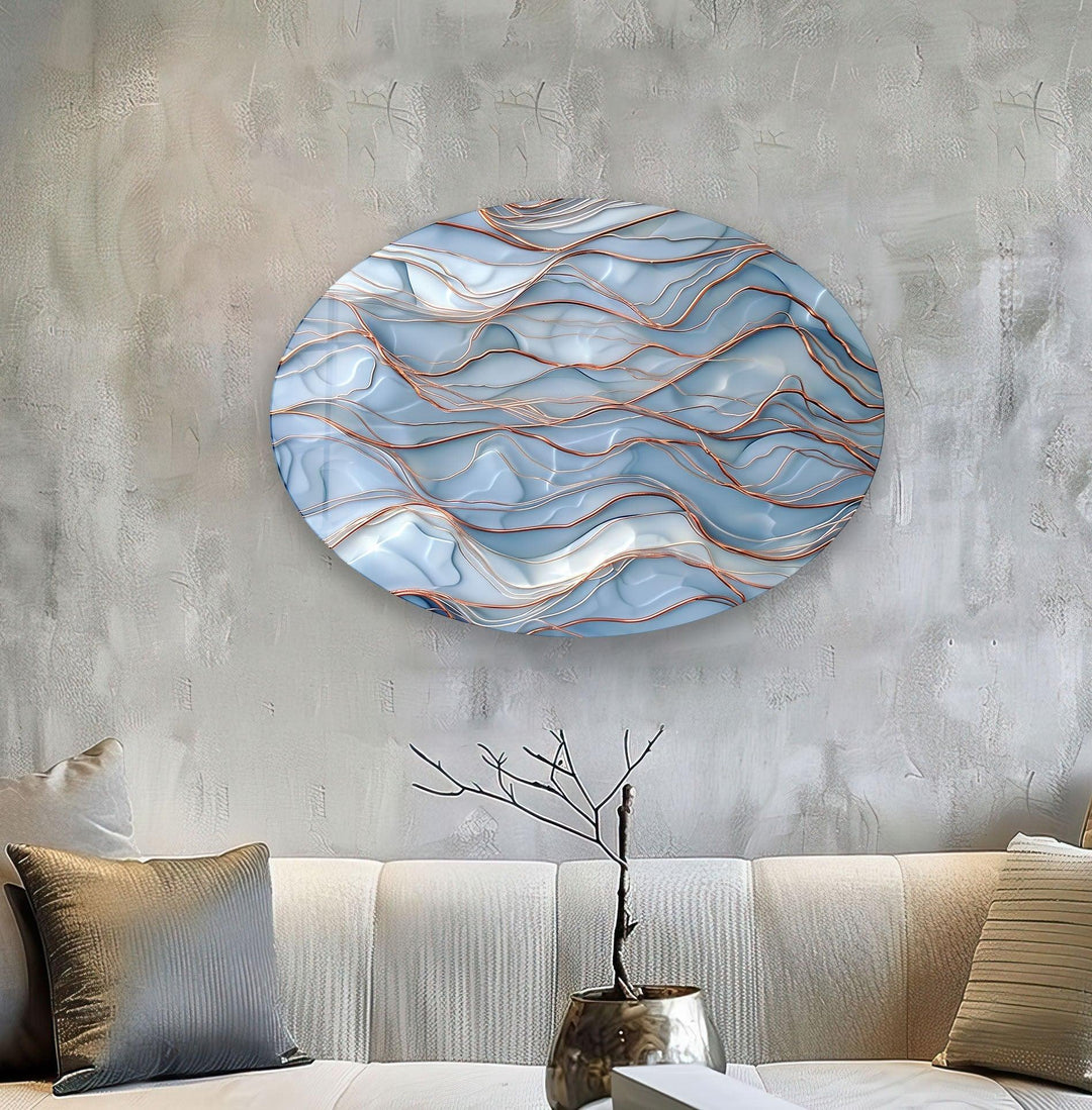 Asymmetric Oval Golden & Blue Glass Wall Art custom glass photo prints, large glass prints
