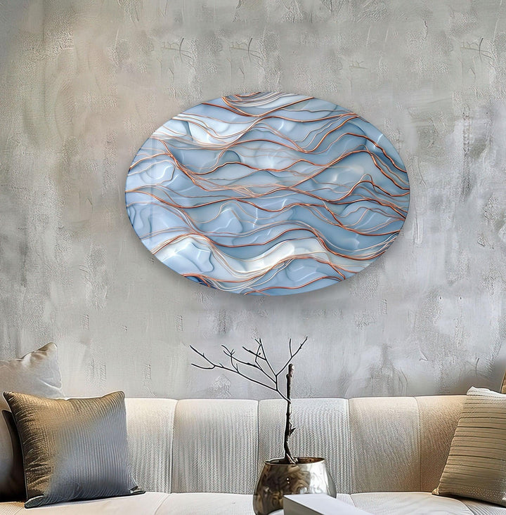 Asymmetric Oval Golden & Blue Glass Wall Art custom glass photo prints, large glass prints
