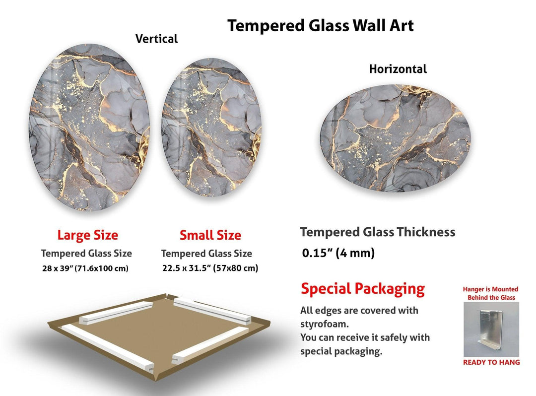Asymmetrische ovale abstrakte Glaswandkunst aus grauem Marmor