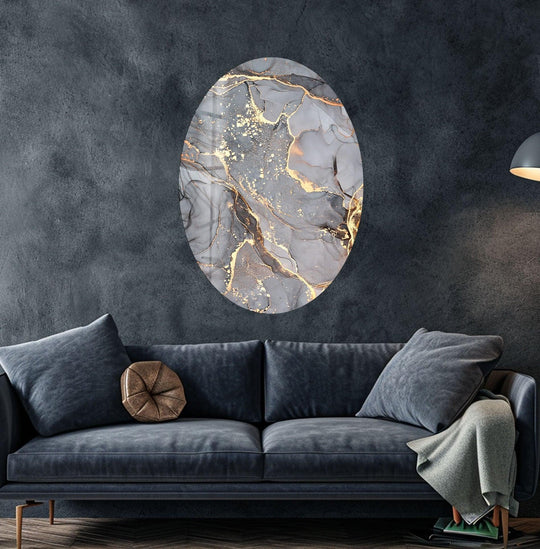 Stillness emanates from the asymmetric oval grey marble abstract glass wall art decor.