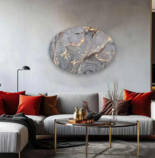 Vibrant grey marble abstract glass printing art with rich gold accents and high color saturation.