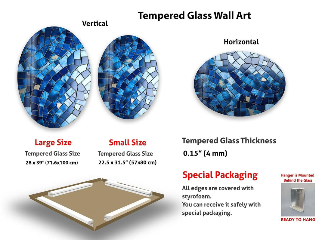 Asymmetrisches ovales Mosaik aus blauen Steinen, Glaswandkunst