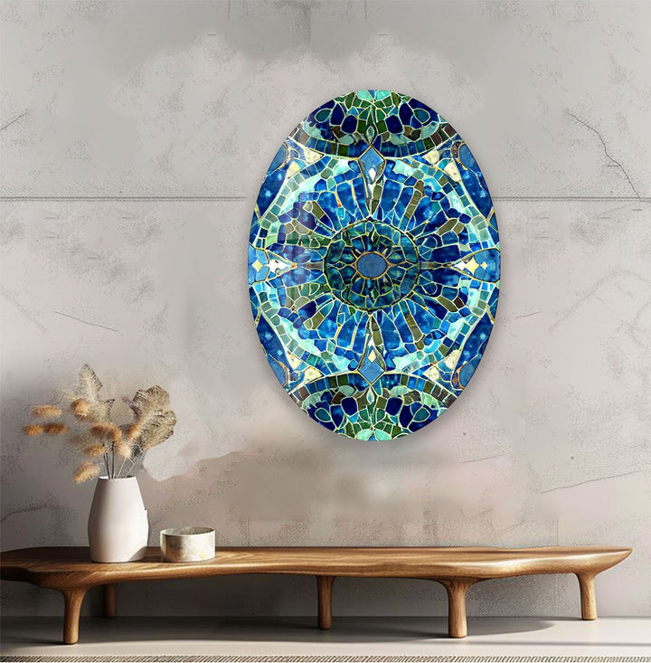 Asymmetric Oval Mosaic Green & Blue Glass Wall Art large glass photo prints, glass wall photos
