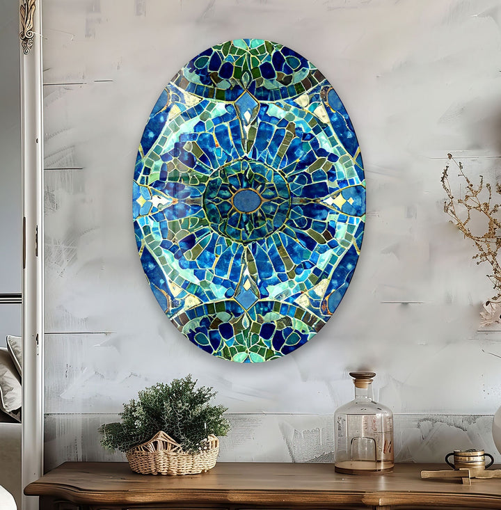Asymmetric Oval Mosaic Green & Blue Glass Wall Art picture on glass wall art, photos printed on glass
