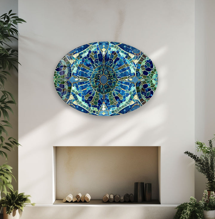 Asymmetric Oval Mosaic Green & Blue Glass Wall Art photo print on glass, prints on glass wall art
