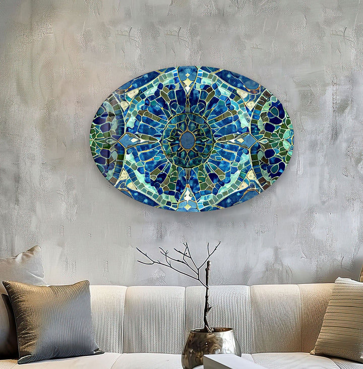 Asymmetric Oval Mosaic Green & Blue Glass Wall Art custom glass photo prints, large glass prints
