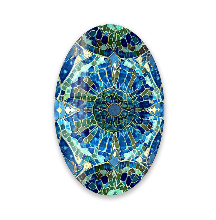 Asymmetric Oval Mosaic Green & Blue Glass Wall Art print on glass, glass printed photos
