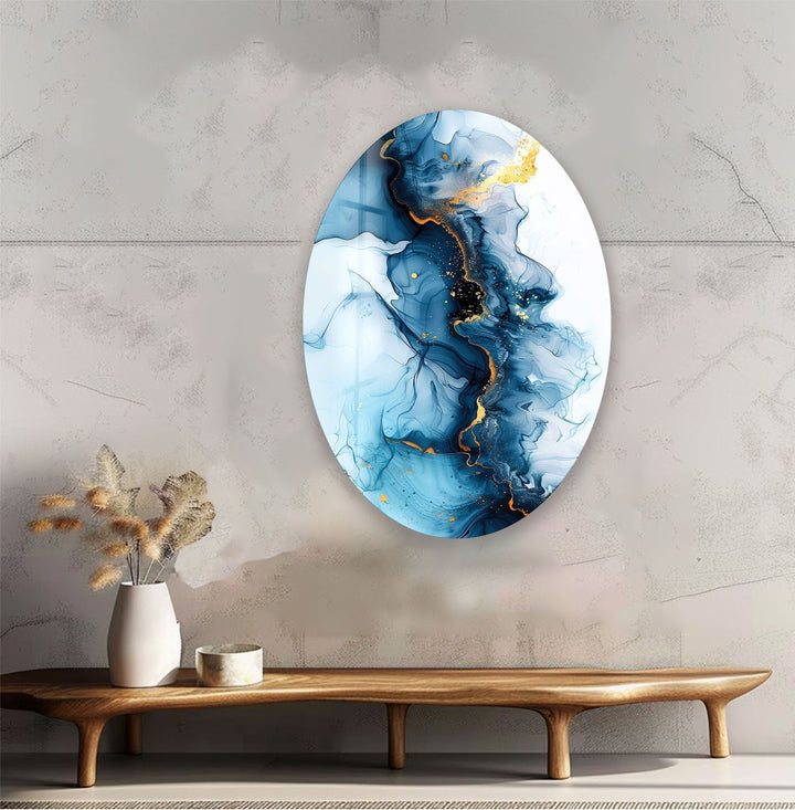 Asymmetric Oval Navy Blue Glass Wall Art Glass Printing Wall Art, Print photos on glass
