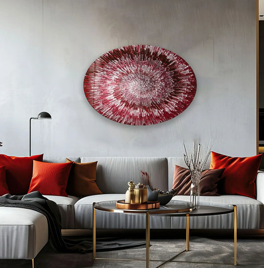 The exquisite abstract glass wall art, rendered in vibrant reds, showcases premium material quality as a striking piece of home decor.