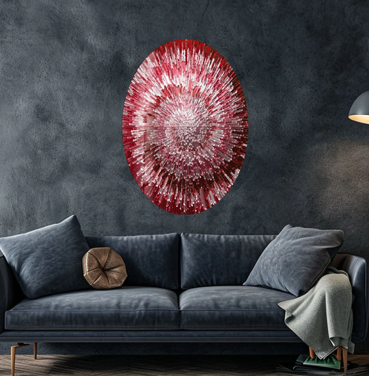 A vibrant red abstract glass wall art adds an energetic and dynamic mood to the modern living space.