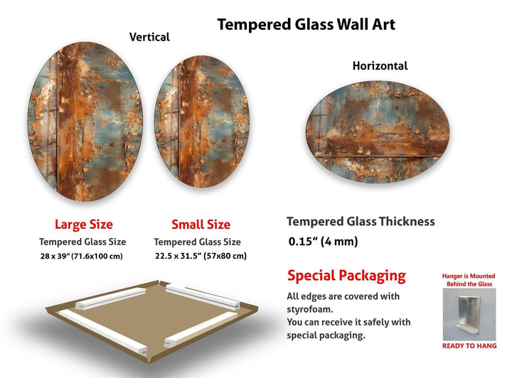 Ovale asymmetrische Wandkunst aus rostigem Metall und Glas