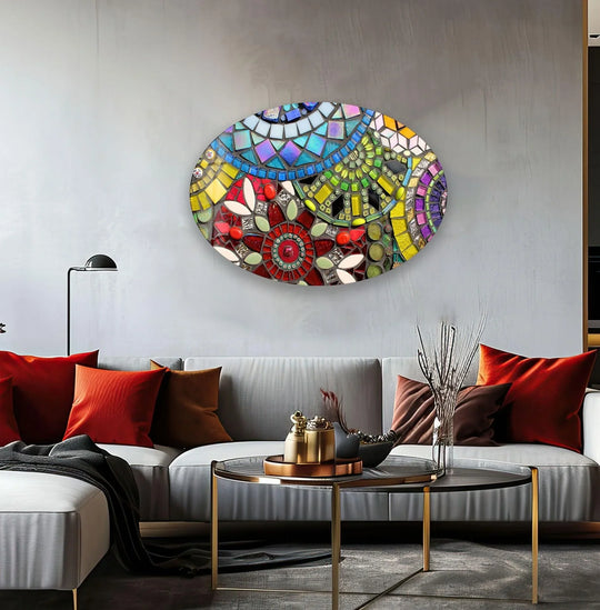 Vibrant oval stained glass printing evokes a lively, bohemian mood with its mosaic of colorful, abstract floral and geometric patterns.