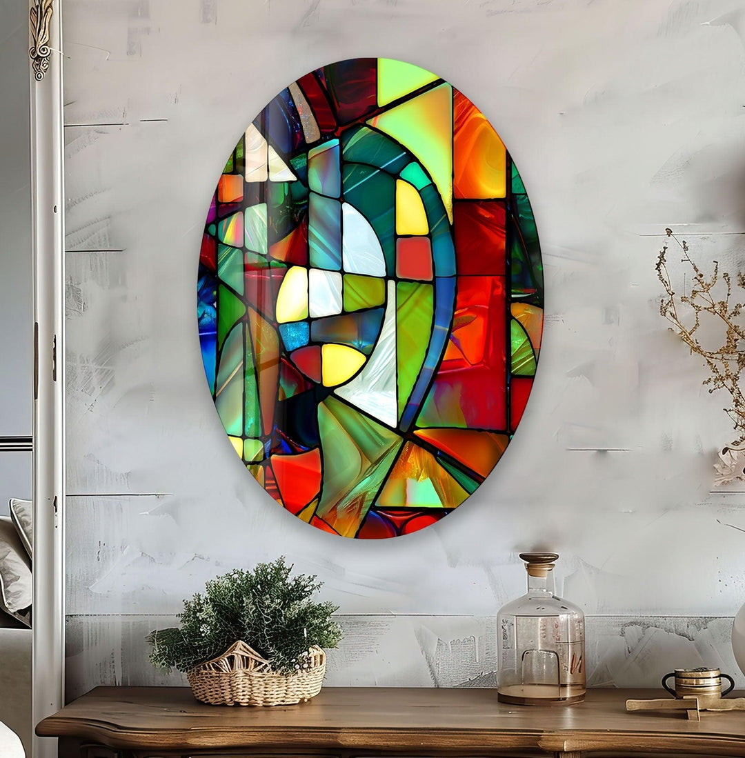 Asymmetric Oval Stained Geometrics Glass Wall Art glass photo prints, glass picture prints
