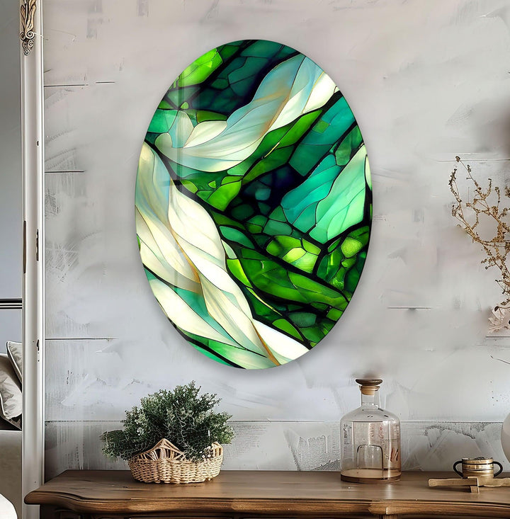 Asymmetric Oval Stained Green Fractal Glass Wall Art glass photo prints, glass picture prints
