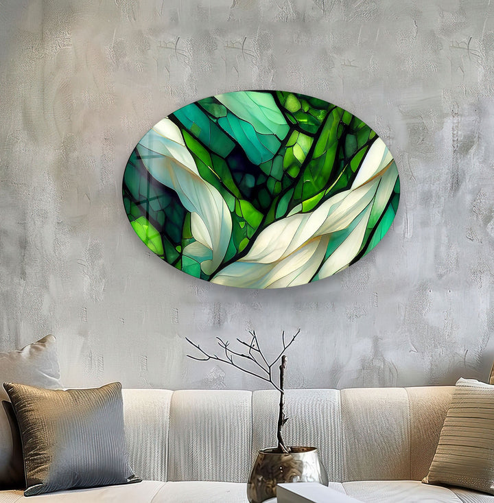 Asymmetric Oval Stained Green Fractal Glass Wall Art Glass Printing Wall Art, Print photos on glass
