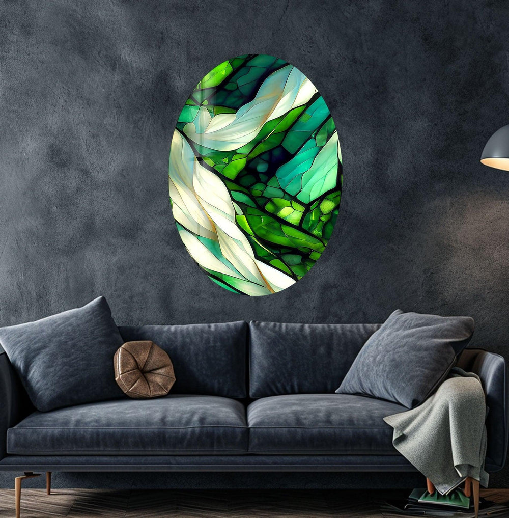 Asymmetric Oval Stained Green Fractal Glass Wall Art stained glass wall art, stained glass wall decor

