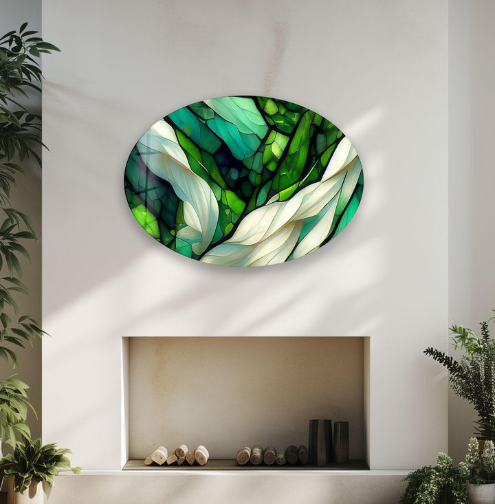 Asymmetric Oval Stained Green Fractal Glass Wall Art glass art painting, glass art for the Wall
