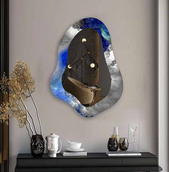 High-quality tempered glass art construction shines through in this asymmetrical blue abstract wall modern mirror, a premium home décor piece.
