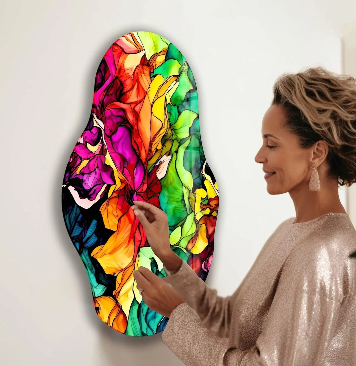 The darkest area highlights the depth and contrast in this asymmetrical colorful watercolor art from glass, showcasing its unique and captivating design.
